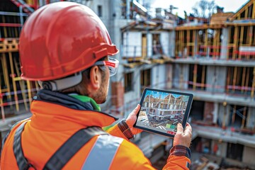 Construction engineers using tablets to scan building construction for augmented reality visualization.