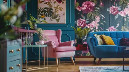 Green table with a plant between pink chair and blue sofa in floral living room with wallpaper and poster , ai