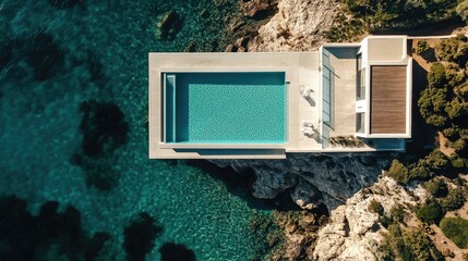 Bird's eye view of a modern seaside villa, featuring a sparkling swimming pool that merges seamlessly with the blue ocean.