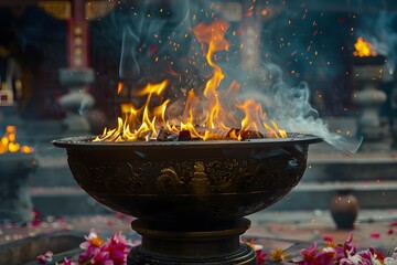 Vibrant Flames Dance in an Ornate Incense Burner Surrounded by Petals