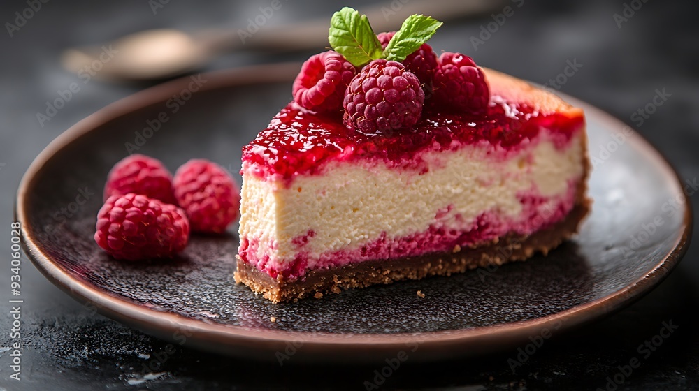 Poster a slice of cheesecake with raspberry sauce and fresh raspberries on top.