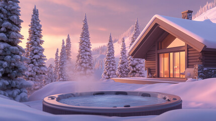 Cozy Winter Cabin with Outdoor Hot Tub Surrounded by Snow-Covered Trees at Sunset &ndash; Serene Winter Retreat