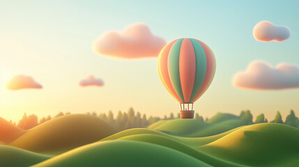 Peaceful Hot Air Balloon Ride Over Rolling Hills at Sunrise &ndash; Serene Landscape with Soft Pastel Colors