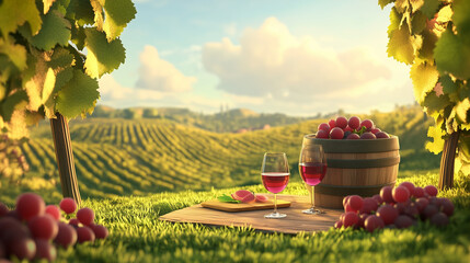 Scenic Vineyard Picnic with Wine Glasses and Fresh Grapes at Sunset