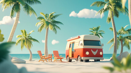 Retro Camper Van on Tropical Beach with Palm Trees and Chairs under Clear Blue Sky