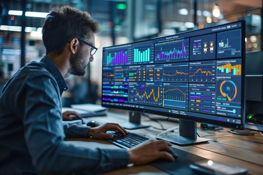 concept photo of a business analyst working on a computer with a dashboard displaying various key performance indicators and metrics related to finance, operations, sales