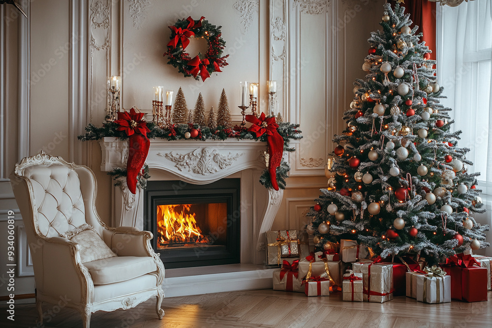 Wall mural fireplace with christmas decorations