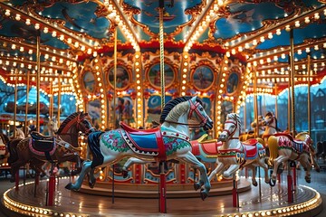 Enchanting Carousel with Colorful Horses and Twinkling Lights
