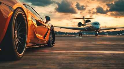 super car parked in front of private jet