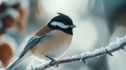 Naklejka premium A Small Bird Perched on a Snowy Branch