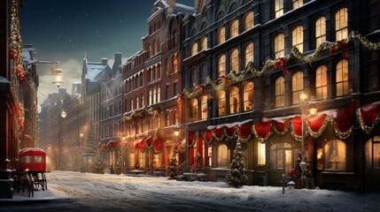 Obraz premium City streets adorned with new year lights in a snowy setting, creating a festive atmosphere