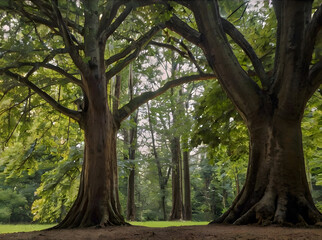 A couple of old trees that are next to each other