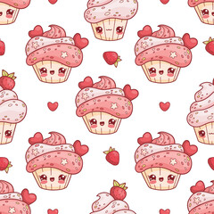 Seamless pattern with cute cream cupcake with heart strawberries