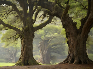 A couple of old trees that are next to each other