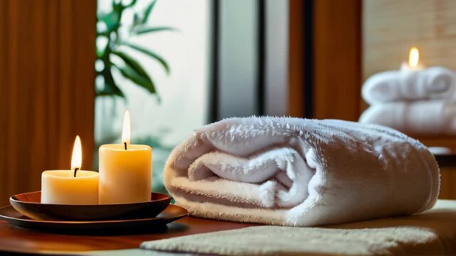 Spa accessories installed in a day spa hotel, health and beauty center. Spa products - towels, candles, aroma oils are placed in a luxury spa salon ready for massage, spa treatments