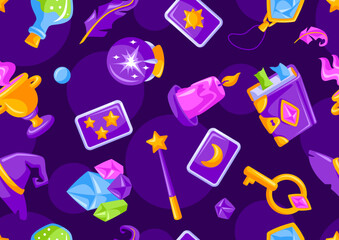 Pattern with magic items. Witchcraft alchemy mystery elements.