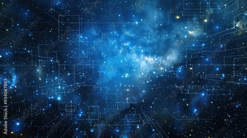 Poster an expansive view of a blue nebula with stars, where subtle, high-tech digital grids and interfaces 