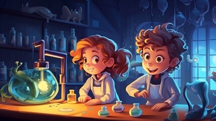 Children conducting fun science experiments in a laboratory 2d cartoon kids background