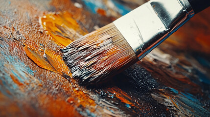 Fototapeta premium A close-up of a paintbrush applying thick, textured strokes of vibrant orange, brown, and blue oil paints on a canvas, capturing the dynamic movement and rich detail of the artistic process