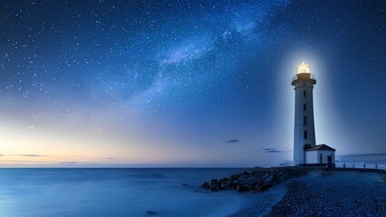 On the seashore, a lighthouse tower lights the way for ships. A tall lighthouse glows in the sea.