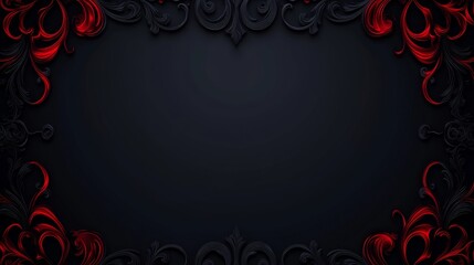A decorative frame featuring intricate black and red designs on a dark background, suitable for invitations or presentations.