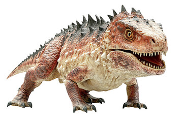 Fototapeta premium A close-up of a prehistoric dinosaur with a large head, sharp teeth, and a spiky back with its mouth open in a roar on a white transparent background