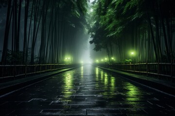 Mystical Bamboo Forest Path at Night