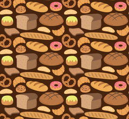 Seamless pattern with different bread. Vector colorful background with bakery rye products, sliced bread, french baguette, croissants and bagels	