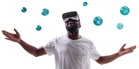 Happy black man in VR glasses interacting with network while having virtual reality experience. Isolated on transparent background. Metaverse technology concept.	