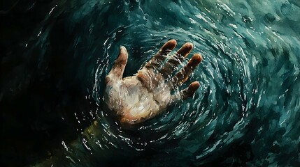 Hand Reaching Up from Water Watercolor Painting