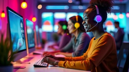 Happy customer support representative on a video call