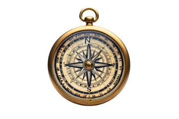 A classic compass with a gold finish and a black and white face, isolated on a white transparent background