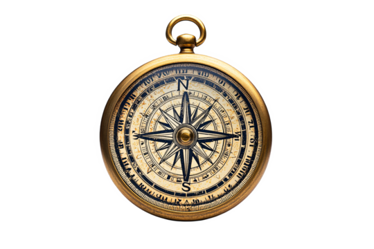 A classic compass with a gold finish and a black and white face, isolated on a white transparent background