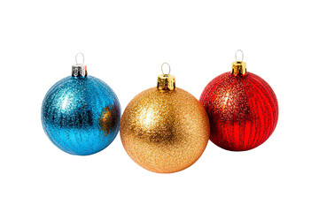 Three Christmas ornaments, blue, gold and red, isolated on a white transparent background