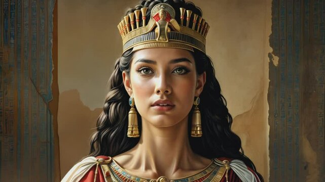 Portrait of a beautiful woman princess in traditional Egyptian clothing in an ancient Egyptian temple. Cleopatra or Nefertiti Queen of Egypt.