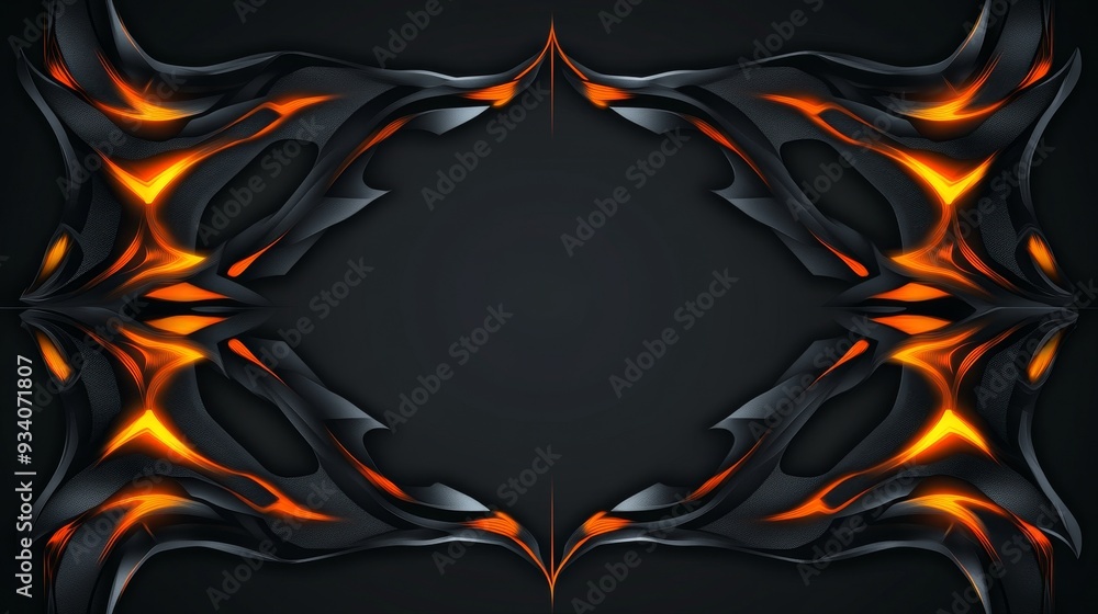 Poster A dynamic abstract design featuring black and orange elements, creating a striking visual frame against a dark background.
