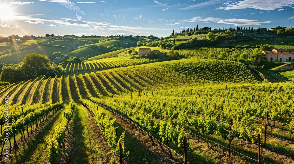 Poster an expansive view of rolling vineyards in the late afternoon, with the sun casting long shadows over