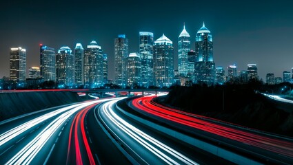 Fototapeta premium Night cityscape with vibrant light trails and skyscrapers