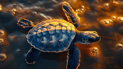 Fototapeta premium A small sea turtle swims in shallow water with golden sunlight shining on its shell.