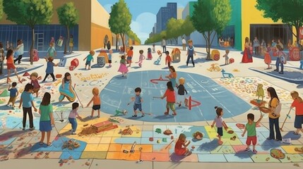 Children creating a giant chalk mural on a city sidewalk 2d cartoon, kids background