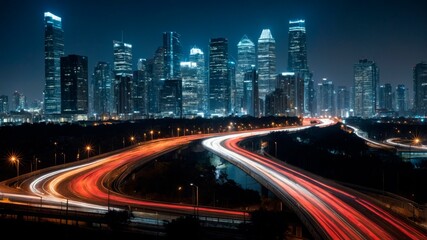 Night cityscape with light trails from highways