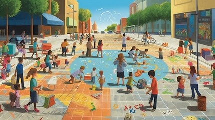 Children creating a giant chalk mural on a city sidewalk 2d cartoon, kids background