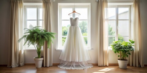 Wedding Dress Hanging by the Window, Beige Curtains, White Dress, Natural Light , wedding, dress, bride
