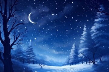 Winter Night Landscape with Snow and Stars