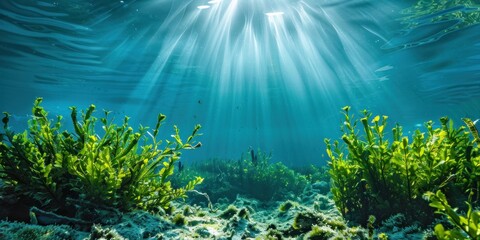 Fototapeta premium An ecosystem of underwater plants captures carbon emissions. Ocean ecosystems and carbon sequestration The concept of carbon storage in the ocean underwater plant life