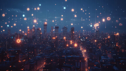 Obraz premium The city at night is bustling with activity, illuminated by the glow of countless IOT icons hovering in the sky. Smart city concept. 3D rendering.