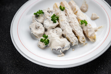 asparagus cream sauce fresh meal food snack on the table copy space food background rustic top view