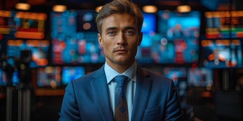 Fototapeta premium Confident Man in a Suit Against a Wall of Screens