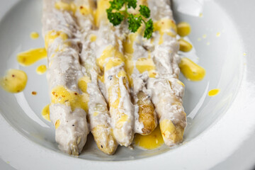 asparagus cream sauce fresh meal food snack on the table copy space food background rustic top view