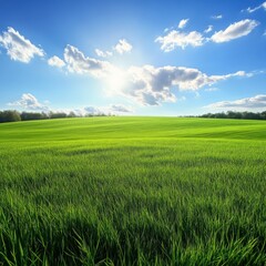 Obraz premium A vibrant green field stretching under a bright, sunlit sky with fluffy white clouds.